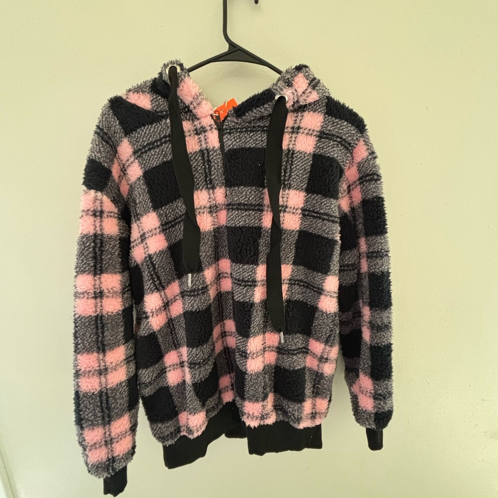 Plaid Fleece Hoodie in Pink and Black